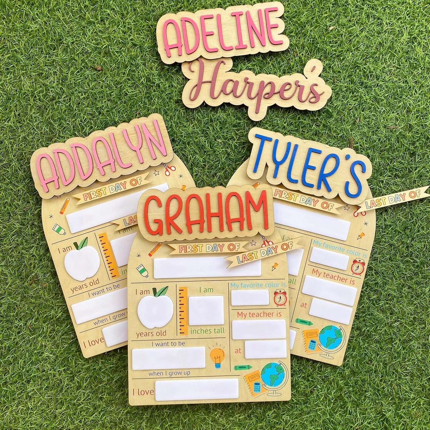 Custom First Day of School Sign - Personalized First and Last Day of School Board, Reusable Wooden Photo Prop with Name, Back to Schools Board with Interchangeable Pieces, Style 01