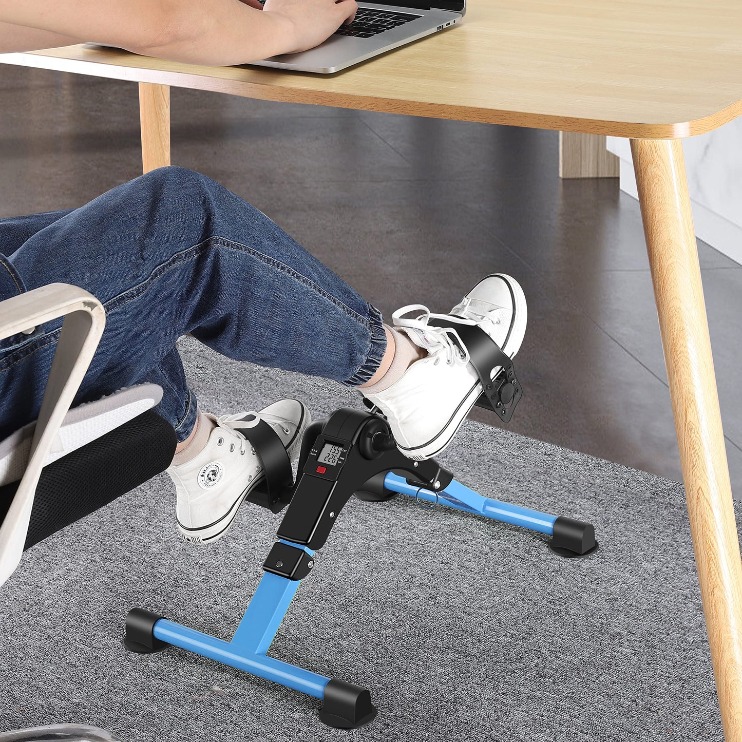 Folding Pedal Exerciser Mini Exercise Bike Portable Peddler Arms and Legs Low Impact Workout Bike with LCD (Blue)