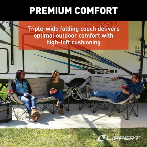 Lippert Campfire Folding Couch - Sand, High-Loft, Foldable Sofa, Dual Cup Holders, Power Coated Steel Frame, Durable 600D Polyester Fabric for Outdoor Use, 500 lb. Capacity, 2022114795