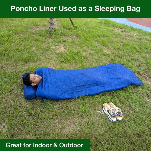 Wearable Blue Military Woobie Poncho Liner with Head Hole. Has Zippers That converts to Sleeping Bag. Water-Resistance, Ripstop Poncho Blanket with Drawstring Bag. Perfect for Outdoor Enthusiasts.