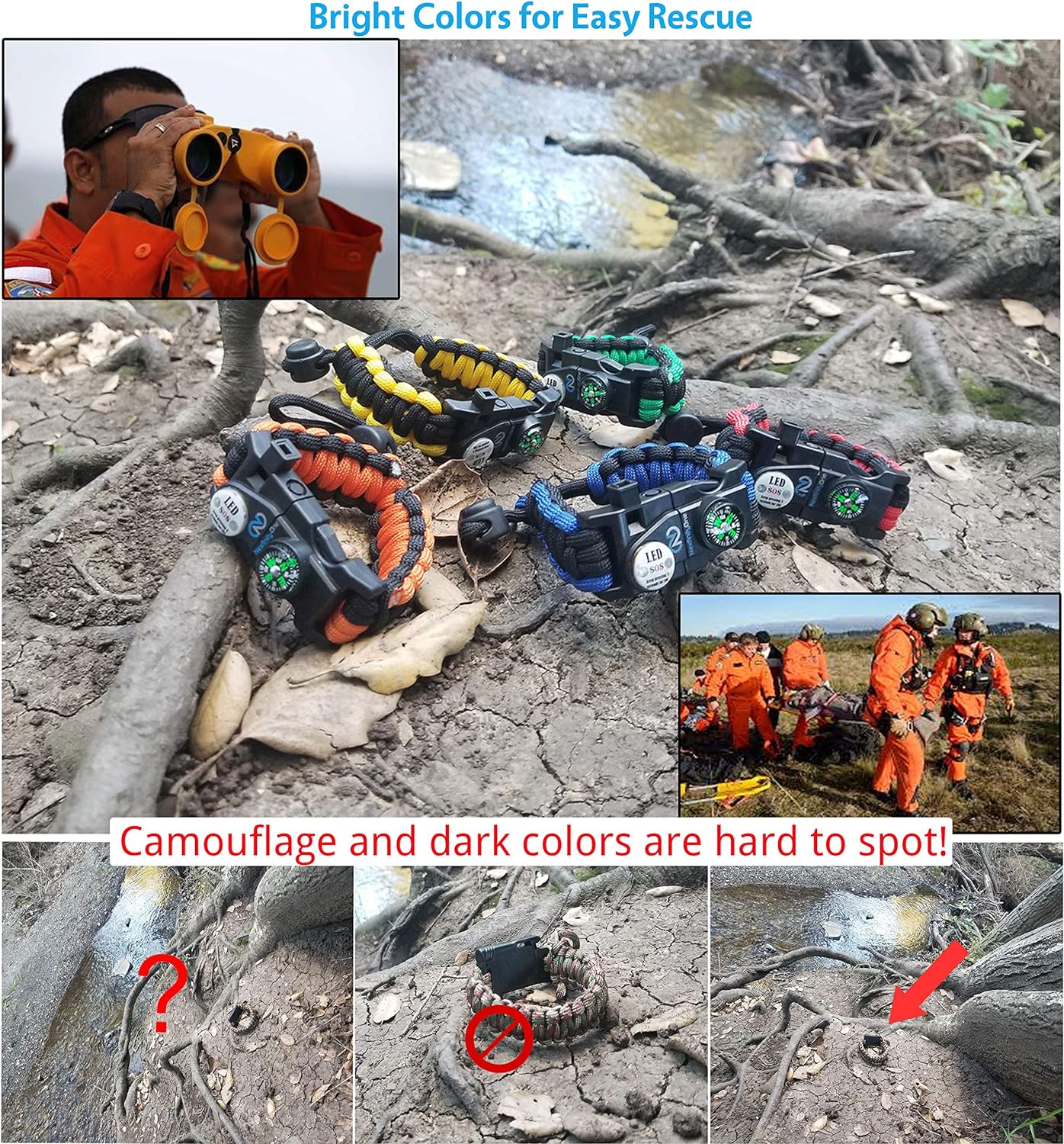 Survival Paracord Bracelet - Tactical Emergency Gear Kit with SOS LED Light, 550 Grade, Adjustable, Multitools, Fire Starter, Compass, and Whistle - Set of 2