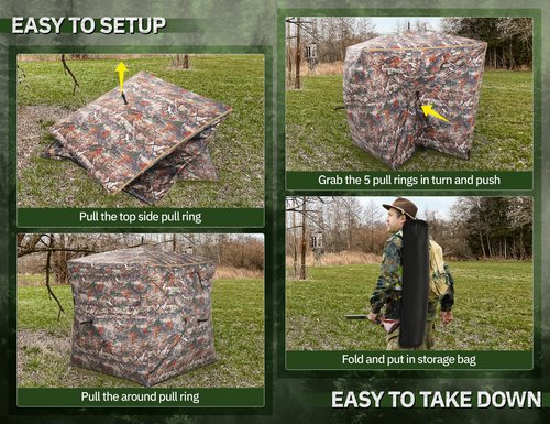 Vibemo Hunting Blind 270° See Through Ground Blind, 2-3 Person Pop-up Portable Deer Blind with Carring Bag，D Shaped and Full Open Door, Camouflage Hunting Tent for Deer & Turkey Hunting
