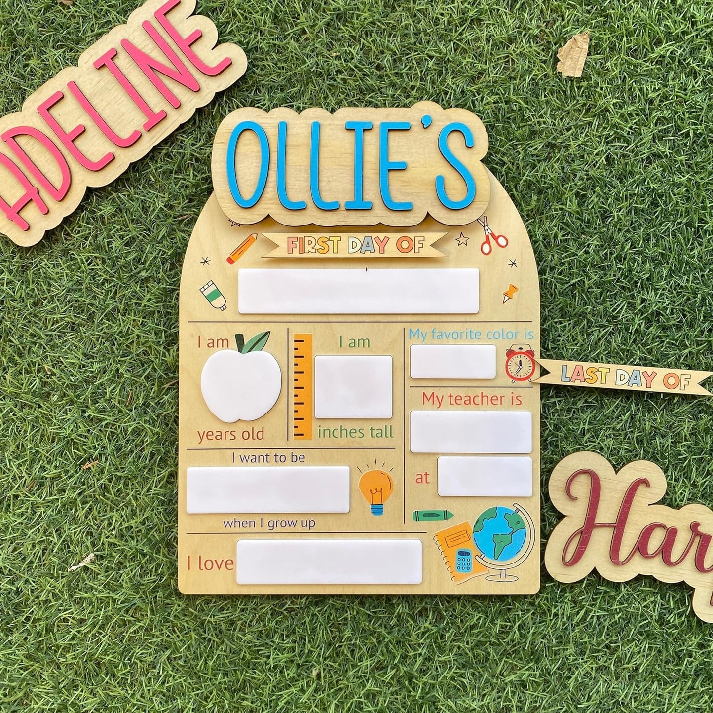 Custom First Day of School Sign - Personalized First and Last Day of School Board, Reusable Wooden Photo Prop with Name, Back to Schools Board with Interchangeable Pieces, Style 01