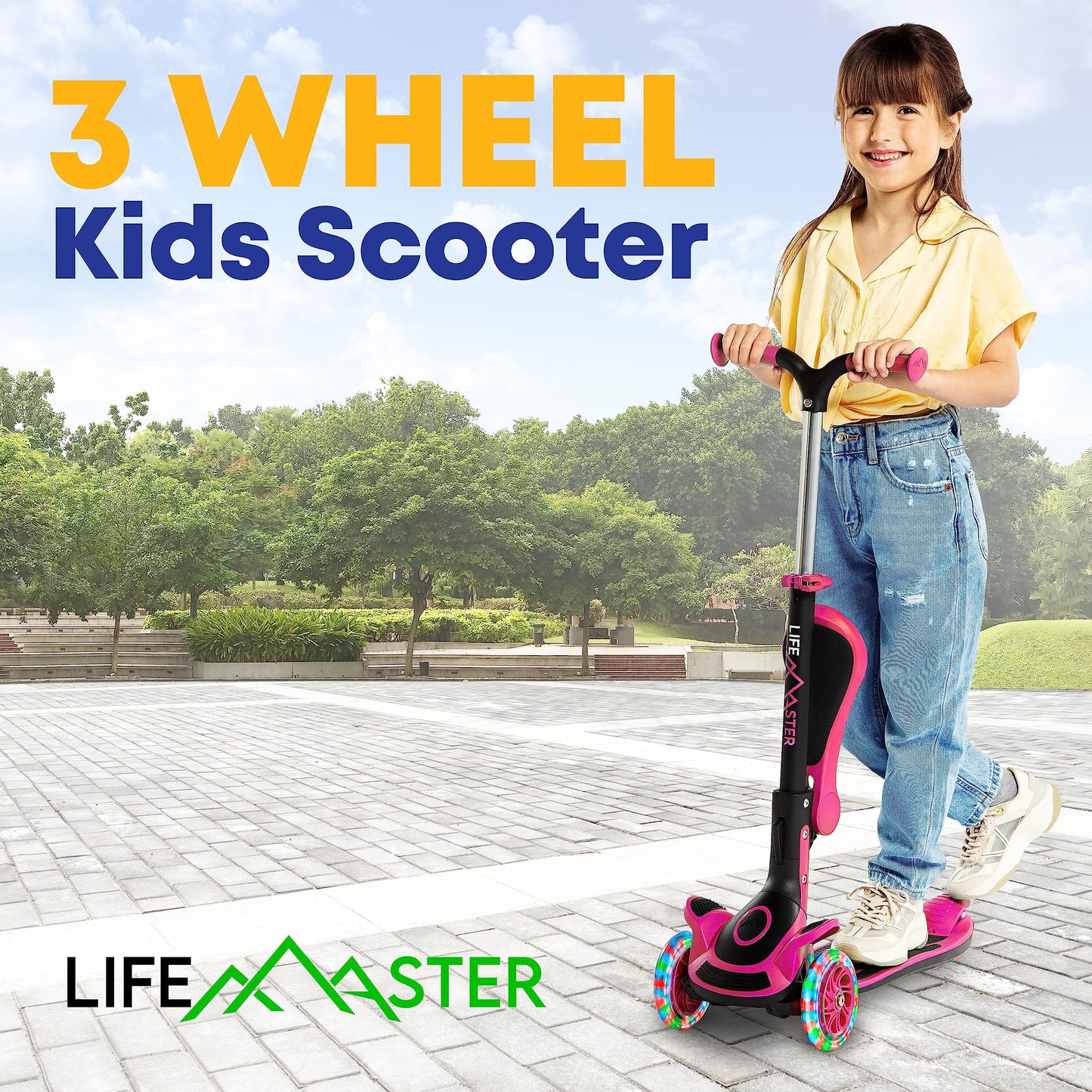 3 Wheel Scooter for Kids with Foldable Seat, Adjustable Handlebar Height, Lean-to-Steer Ride On Toy for Kids Ages 2+, Light-Up LED Wheels, Wide Anti Slip Deck, Indoor & Outdoor Use, Pink