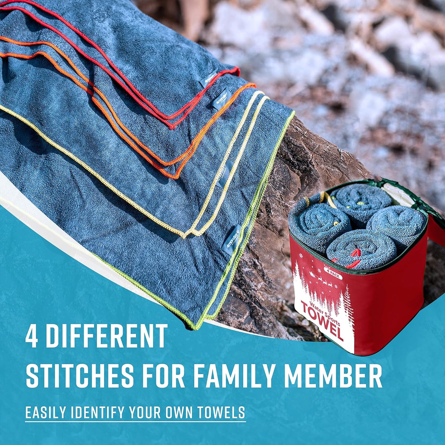 4Monster 4 Pack Microfiber Camping Towel Quick Dry, Super Absorbent Travel Towel with Waterproof Bag, Lightweight Boat Towel for RV, Sport, Gym, Beach, Pool, Swim,Family Trip