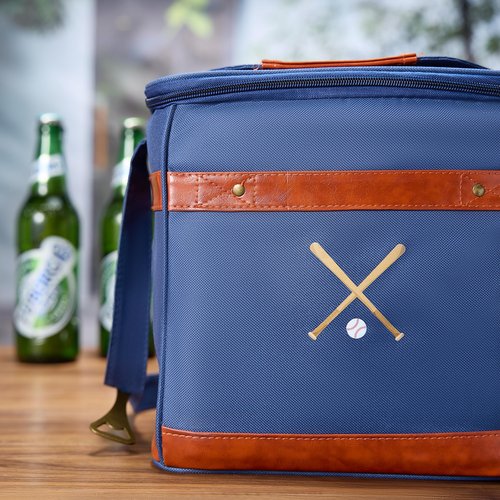 Premium Insulated Cooler, Baseball Soft-Sided Bag - Lunch, Beer & Drink Carrier for Tailgating, Game Day, Golf & Outdoor Sports - Holds 12 Bottles, 18 Cans - Leather Accents, Shoulder Strap (15L)