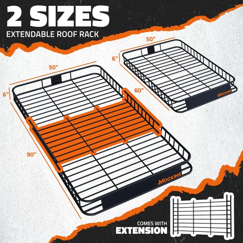 Mockins 90"x50"x6" XXL Heavy Duty Roof Rack Cargo Carrier for Top of Vehicle Storage | 250 Lbs. Cap Steel Car Roof Basket w/Straps | Weatherproof Rooftop Cargo Basket for SUV, RV, & Large Vehicles