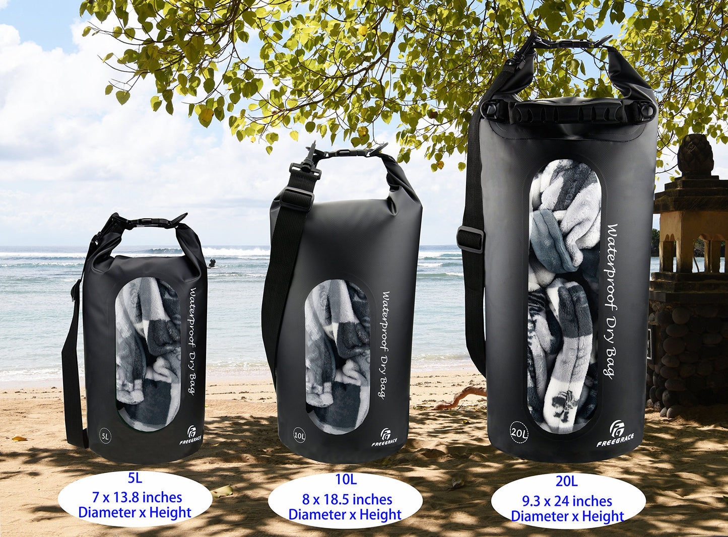 Freegrace Waterproof Dry Bag Set of 3 - Submersible Dry Sack with Double Zip Lock Seals - Includes Waist Pouch & Phone Case - Perfect for Kayaking, Swimming, Boating & Rafting (Black(Window), 5L)