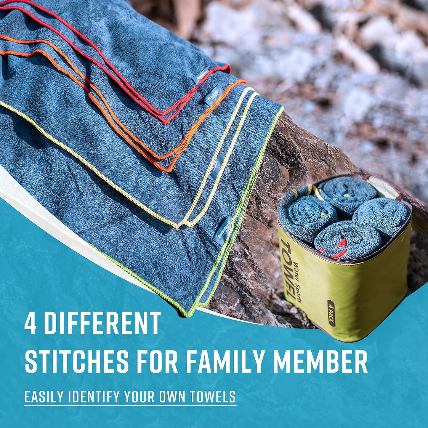 4Monster 4 Pack Microfiber Camping Towel Quick Dry, Super Absorbent Travel Towel with Waterproof Bag, Lightweight Boat Towel for RV, Sport, Gym, Beach, Pool, Swim,Family Trip
