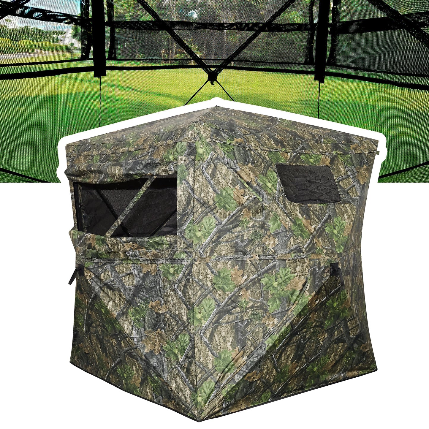 AUSCAMOTEK See Through Ground Blind for Deer Hunting, 2-3 Person Pop-Up Camouflage Blind