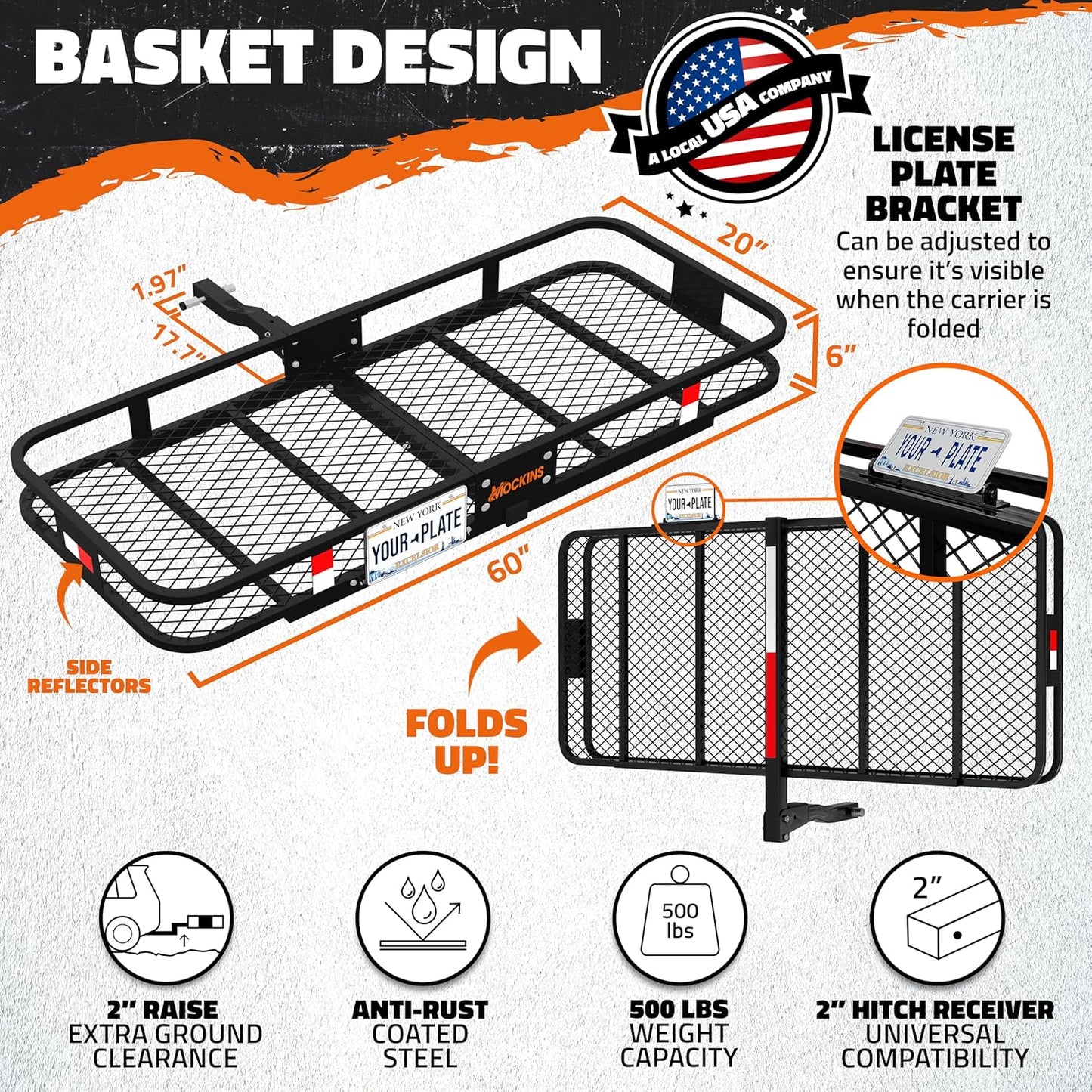 Mockins 60"x20"x6" Folding Trailer Hitch Cargo Carrier w/ 20 Cu.Ft. Waterproof Cargo Bag for Hitch Carrier | 500 Lbs. Capacity Weatherproof Luggage Rack for SUV Car & Truck w/Car Trailer Accessories