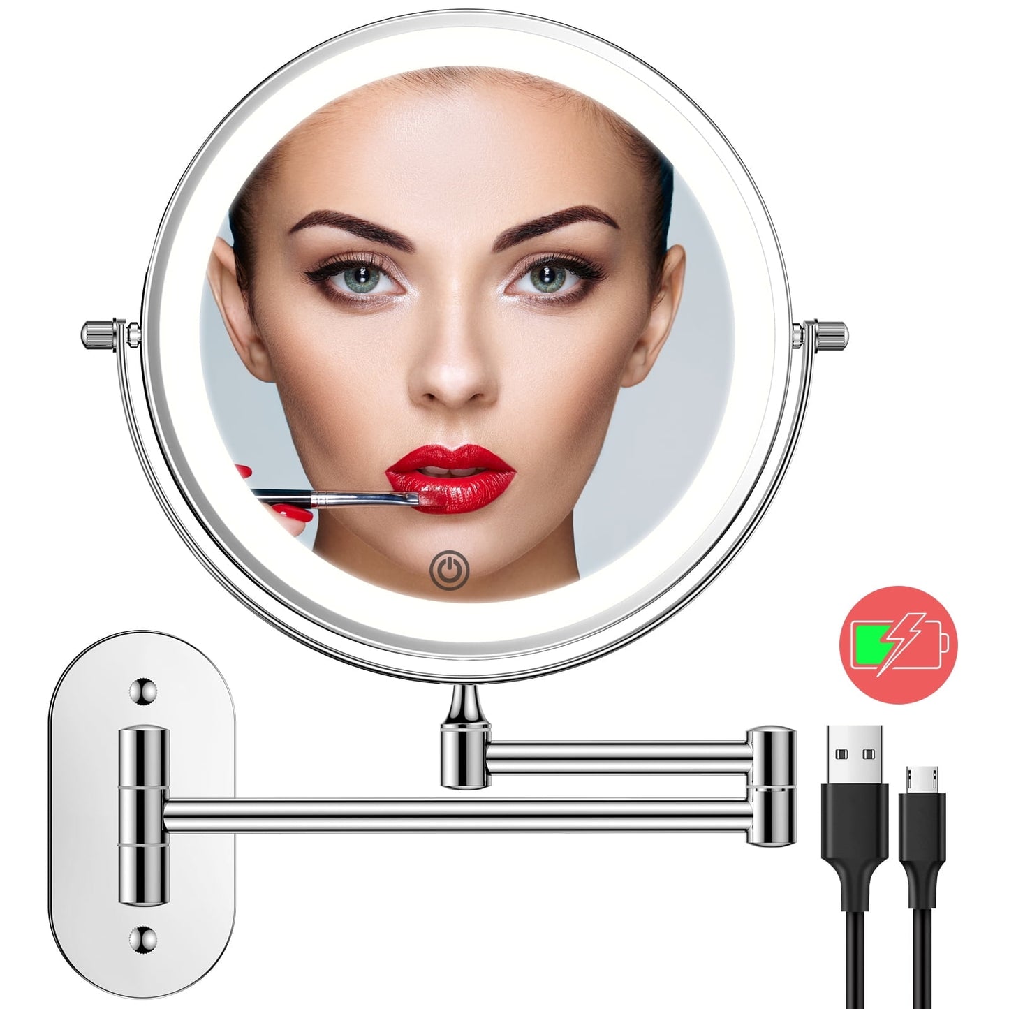 Stainless Steel Wall-Mounted Makeup Mirror | 1X/10X Magnification | Silver