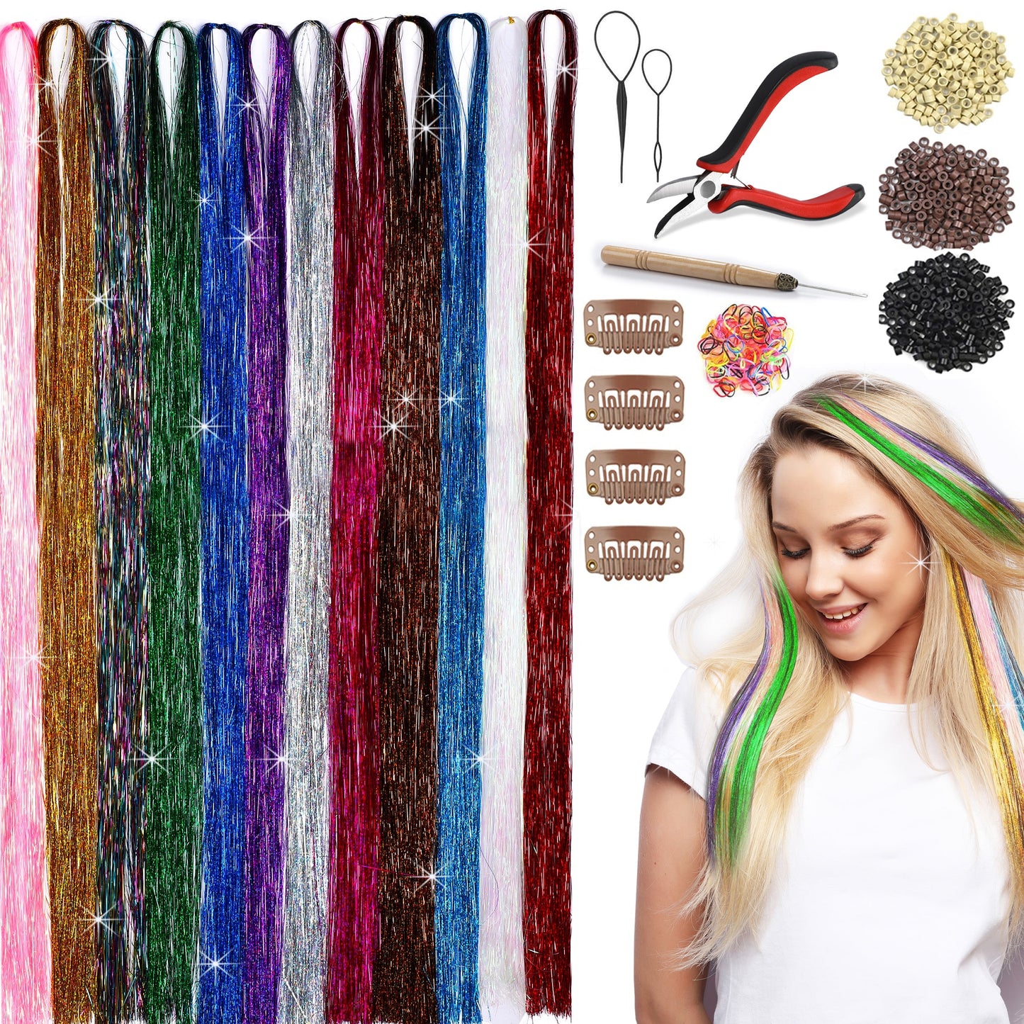 Herbiar Hair Tinsel Kit | 12 Colors | 2400 Strands | Heat-Resistant Extensions for Women