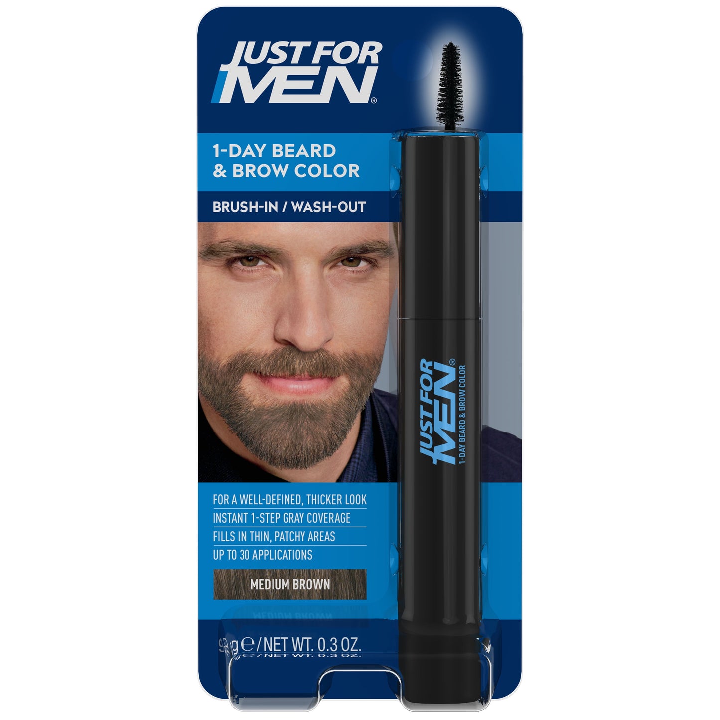 1-Day Beard & Brow Color | Temporary Dye for Men | Medium Brown, 30 Uses