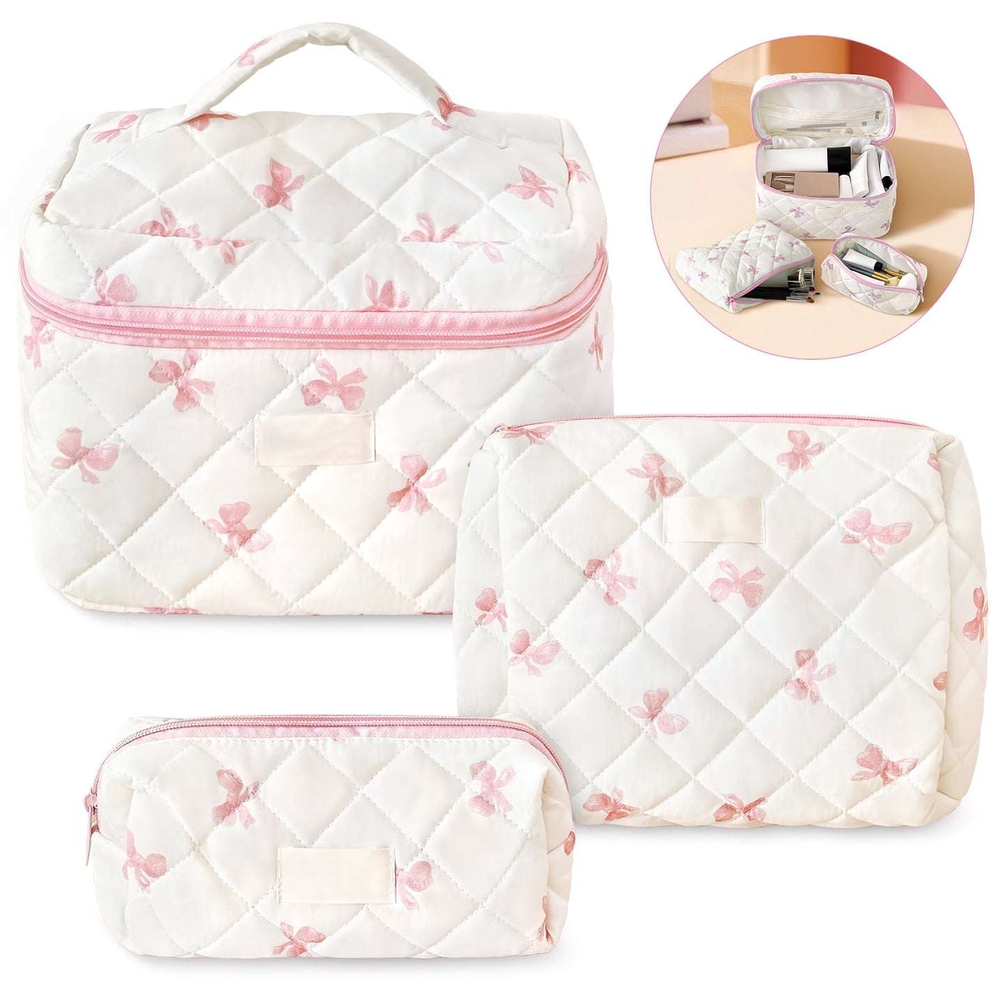 Large Quilted Makeup Bag Set | Cute Cotton Travel Organizer for Women