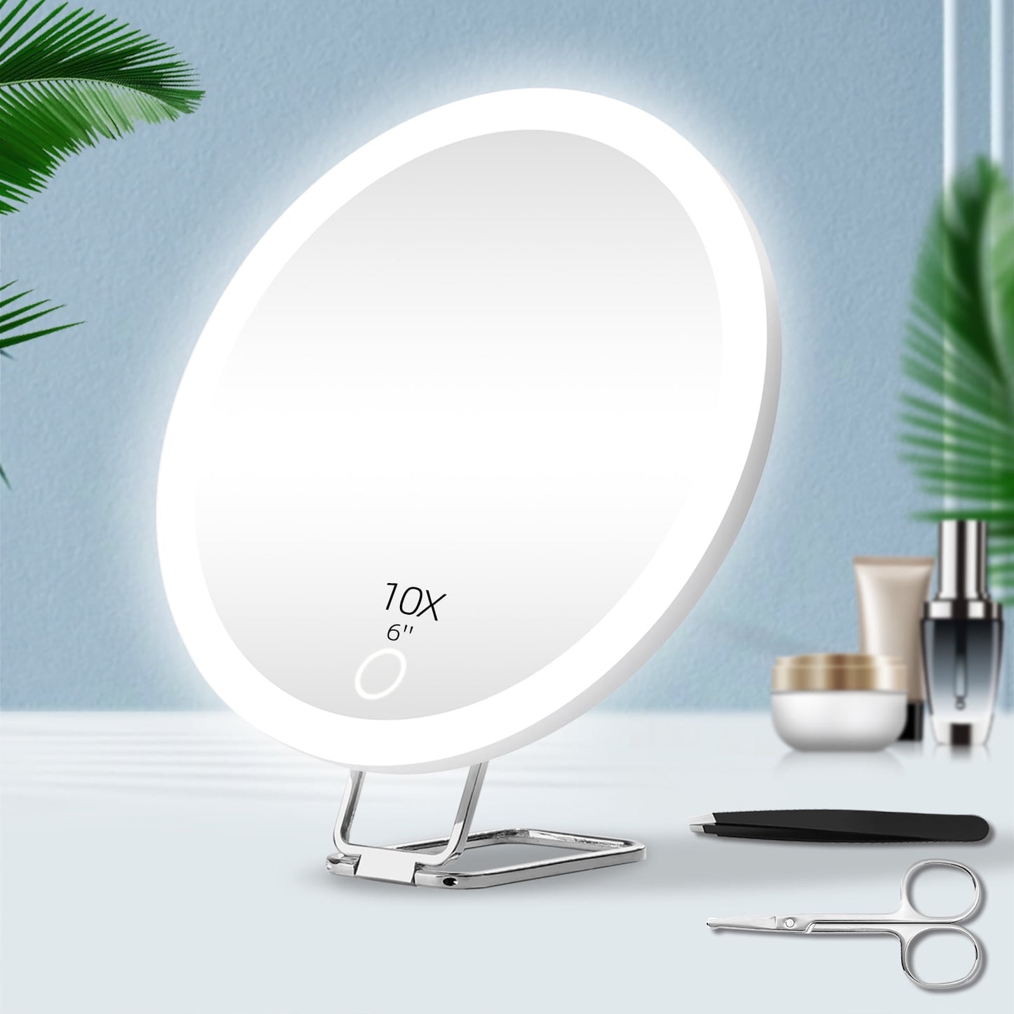 10X Magnifying Lighted Mirror | Rechargeable, Dimmable, Suction Cups | Home & Travel