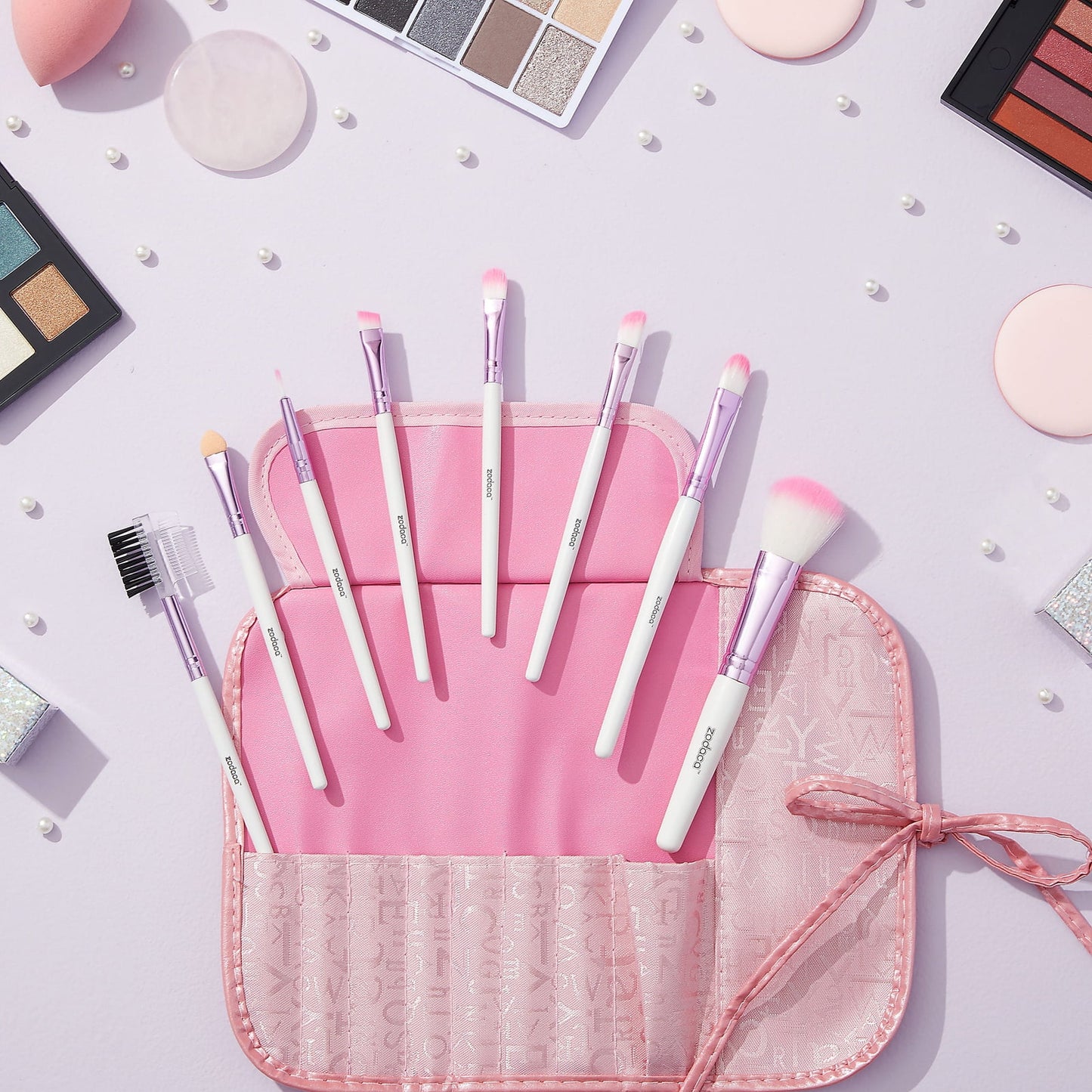8-Piece Professional Makeup Brush Set | White & Pink Storage Pouch