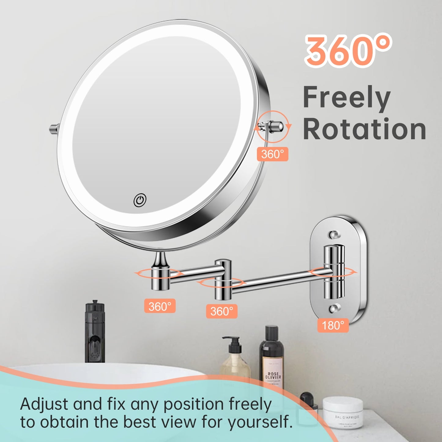 Stainless Steel Wall-Mounted Makeup Mirror | 1X/10X Magnification | Silver