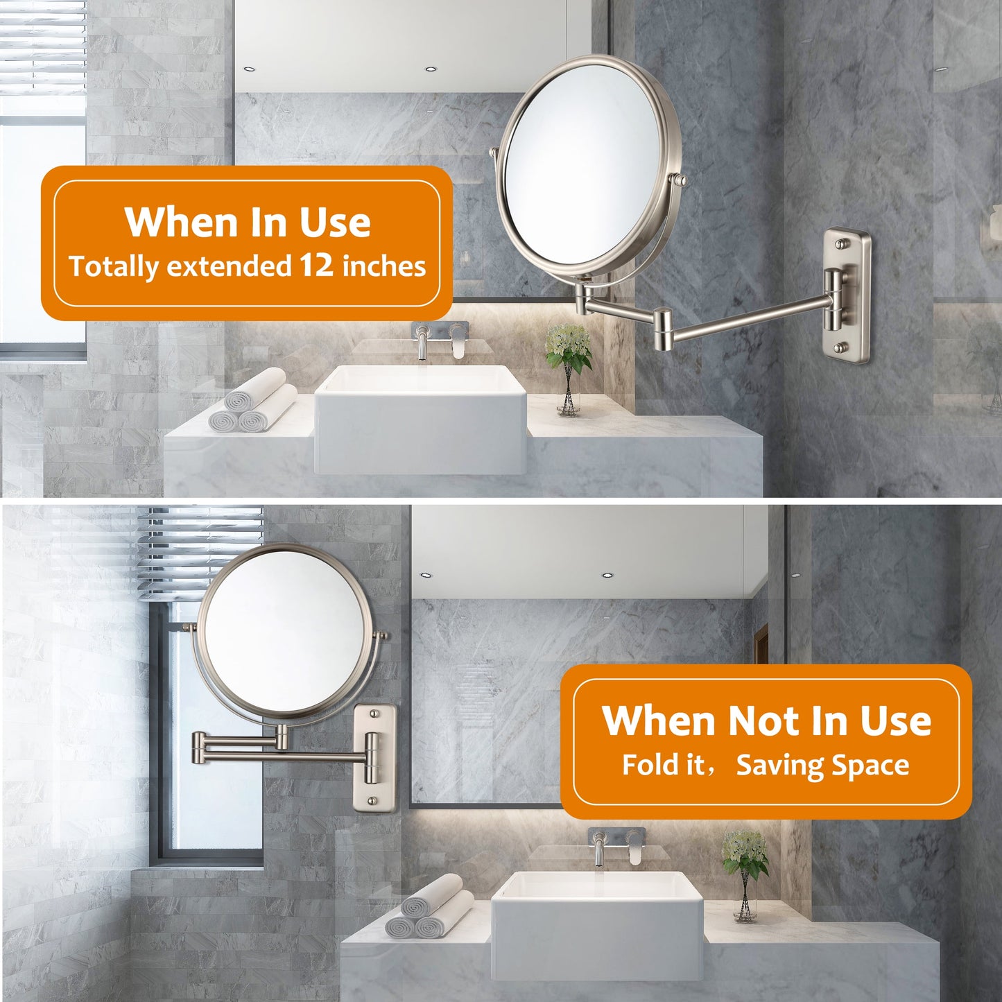 10X Magnifying Wall-Mount Makeup Mirror | 8-Inch Nickel Finish | Stylish & Functional
