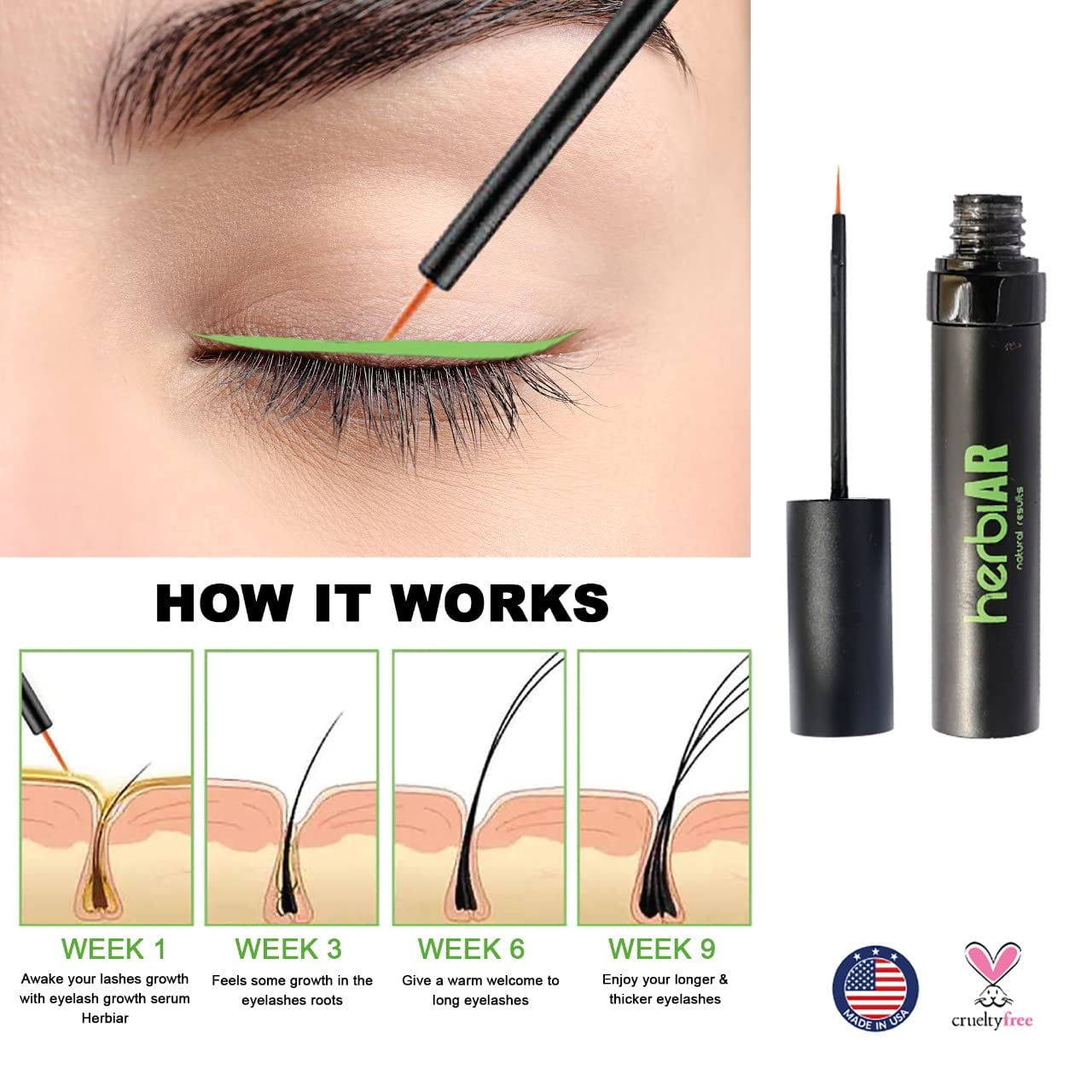 7ml Eyelash Growth Serum | Boost Longer, Thicker Lashes & Brows | Herbiar