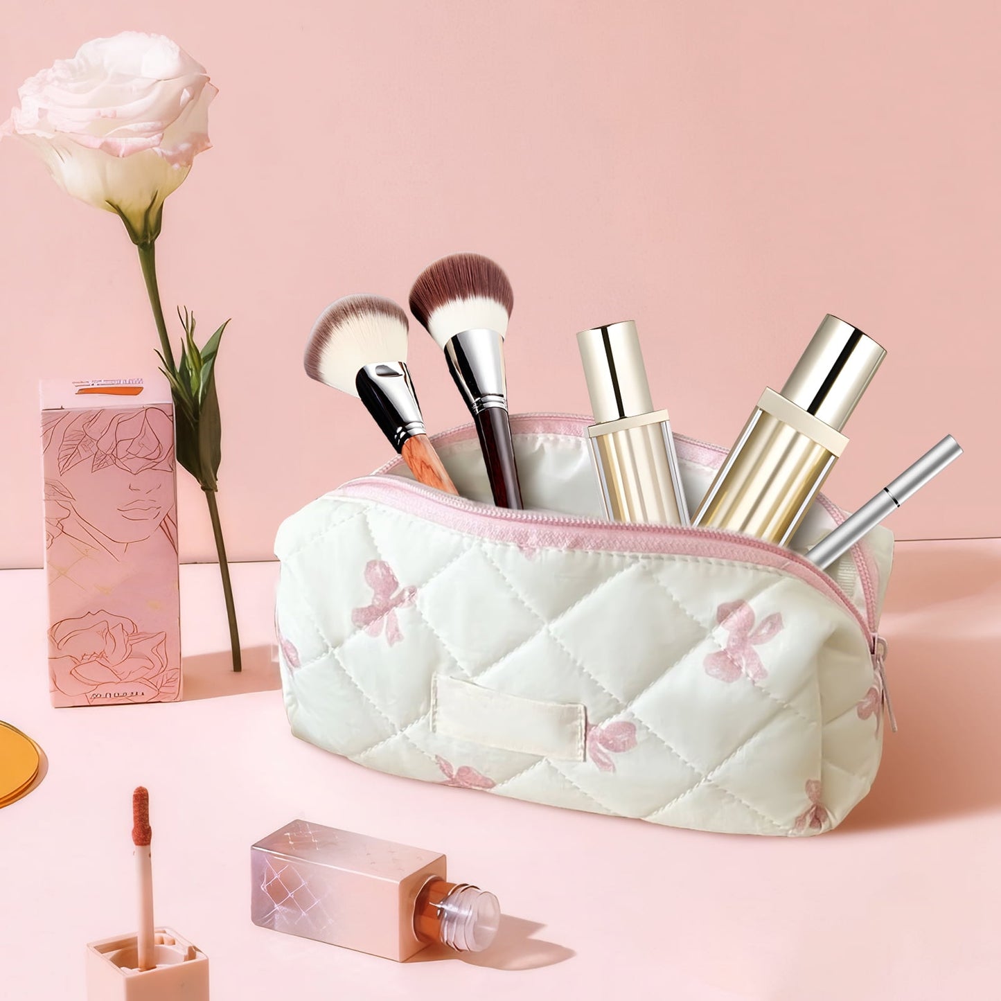 Large Quilted Makeup Bag Set | Cute Cotton Travel Organizer for Women