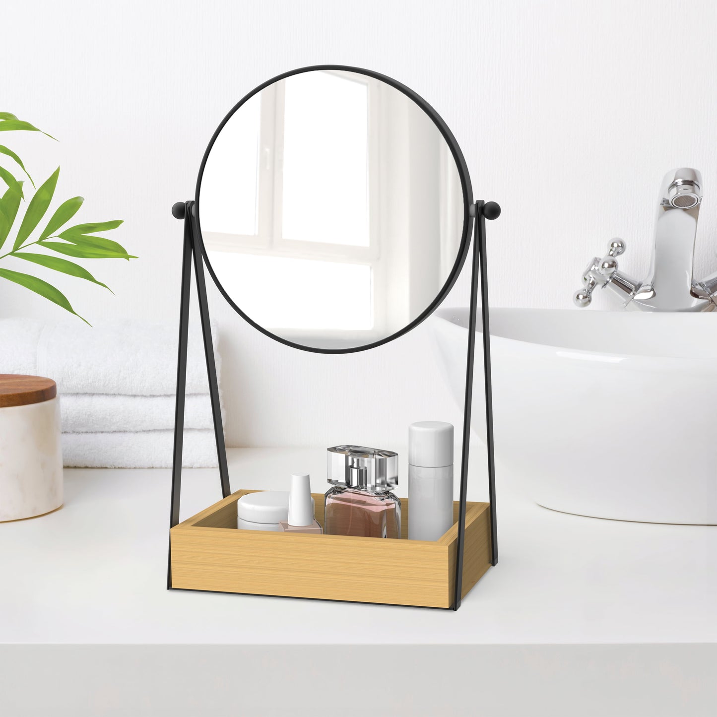 6.5-Inch Vanity Mirror | Desk Mirror with 1X/3X Magnification & Bamboo Tray