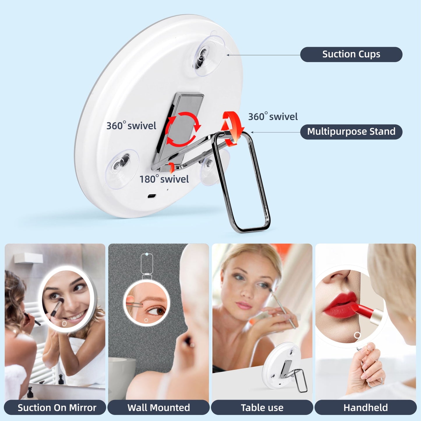 10X Magnifying Lighted Mirror | Rechargeable, Dimmable, Suction Cups | Home & Travel