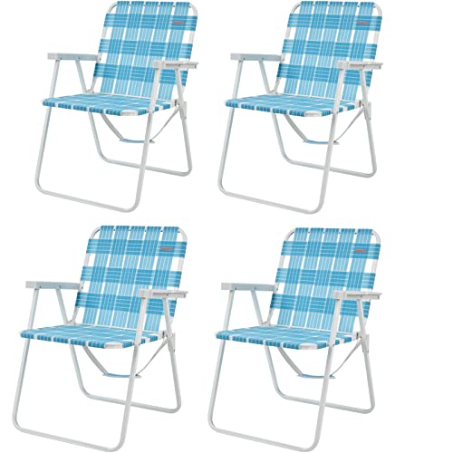 #WEJOY 4 Pack Set Lightweight Folding Webbed Beach Chairs Webbing Beach Chair Web Lawn Chair Portable Camping Chairs High Back Fold up Outdoor Chairs with Shoulder Strap for Patio Garden Concert Sand