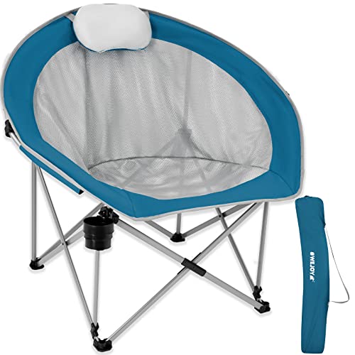 #WEJOY Folding Camping Chair Oversized Moon Chairs for Adult, Breathable Mesh Chairs with Headrest and Cup Holder Support Up to 300lbs, Cyan/Grey
