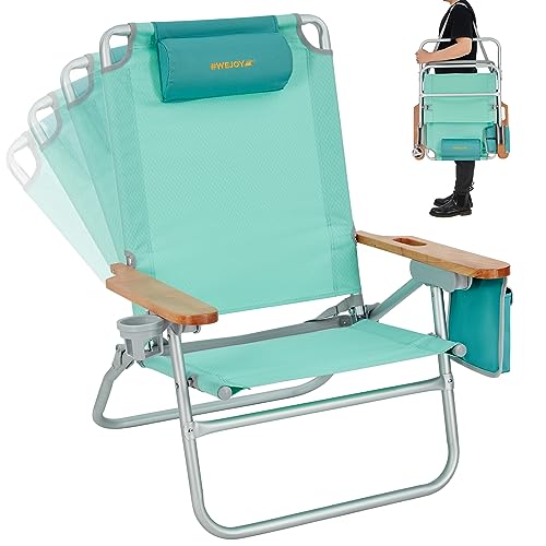 #WEJOY Oversized Reclining Beach Chair - Backpack Folding Adult Portable Low Seat with 4 Adjustable Positions, Carry Strap, Cup Holder, Wooden Armrests - Ideal for Festivals and Picnics - 300 lbs