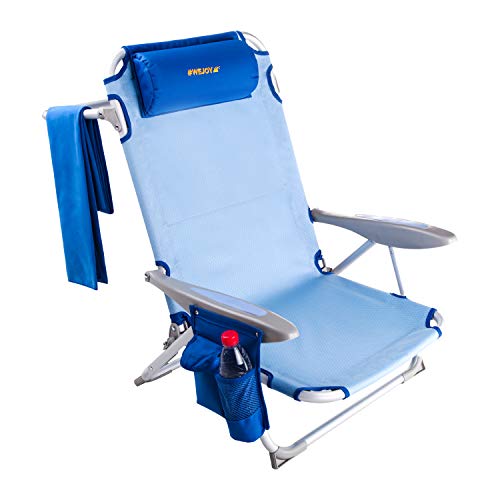 #WEJOY Aluminum Lightweight 4-Position Beach Chair, Reclining Low Folding Beach Chairs for Adults with Carry Strap Cup Holder Pocket Armrest Headrest for Outdoor Camping Lawn (Blue)