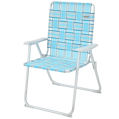 #WEJOY Anti-tip Over Folding Webbed Lawn Chair, Oversized 17-in High Beach Chair for Adults Heavy Duty,Aluminum High Seat Camping Chair for Elder Outdoor Garden Park Backyard(Grey/Blue)