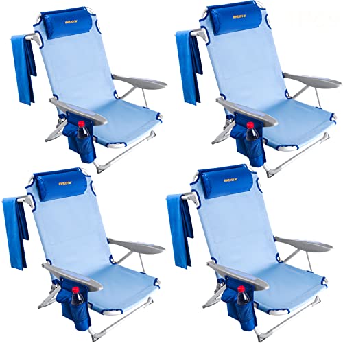 #WEJOY 4 Packs 4-Position Portable Beach Chair Lay Flat Lightweight Folding Beach Chair Low Camping Lawn Chairs with Removable Pillow, Carry Strap